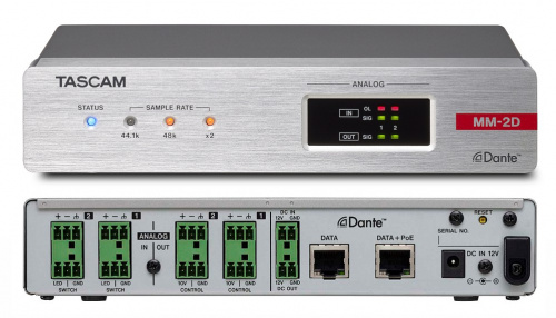 Tascam MM-2D-E Dante-Analogue конвертор с DSP Mixer, 2 MIC(+48V)/LIN входа и 2 линейных выхода с разъёмами EUROBLOCK, питание P