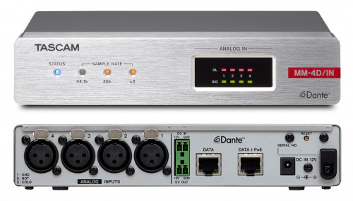 Tascam MM-4D/IN-X Dante-Analogue конвертор с DSP Mixer, 4 MIC(+48V)/LIN входа с разъёмами XLR, питание PoE (Power over Ethernet) или опционально адапт