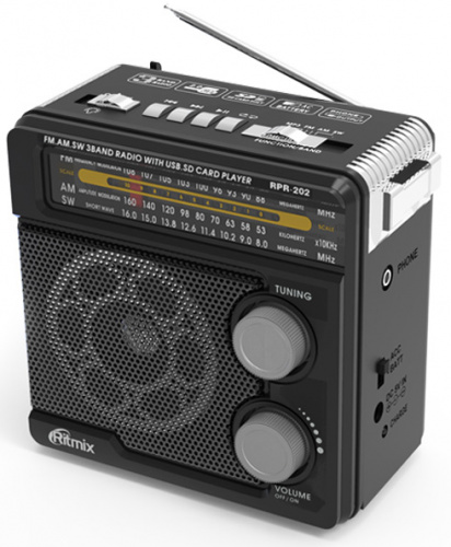 RITMIX RPR-202 BLACK ФМ/АМ/СВ 3-х диапазонное радио (ФМ: 88-108 МГц), с разъемом для наушников, с разъемом ЮСБ/СД/микроСД, c возможностью зарядки, вст фото 2