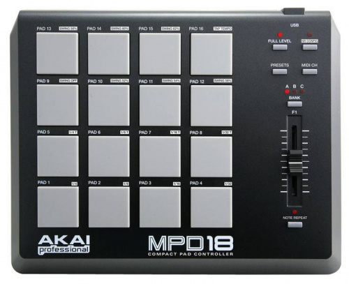 AKAI PRO MPD18 компактный USB/MIDI-контроллер, 16 пэдов, назначаемые Q-Link фейдер и вращающийся регулятор