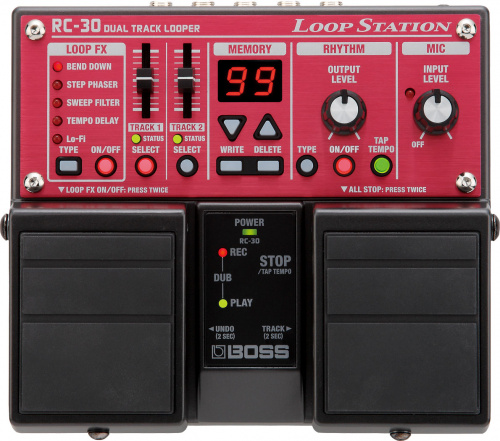 BOSS RC-30 гитарный процессор. Пямять: 99 фраз, до 3х часов записи. Разъемы: инструментальный, микрофонный вход 1/4 jack и XLR вход AUX (стерео минидж