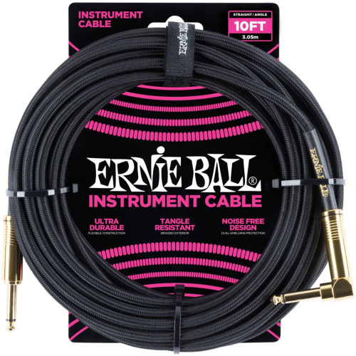 Ernie Ball 6081 кабель инструментальный, оплетёный, 3,05 м, прямой/угловой джеки, чёрный