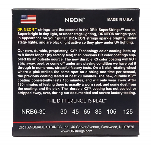 DR NRB6-30 HI-DEF NEON струны для 6-струнной бас гитары с люминесцентным покрытием красные 30 фото 2