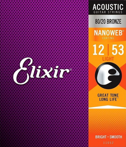 Elixir 11052 NanoWeb струны для акустической гитары Light 12-53 бронза 80/20 фото 2