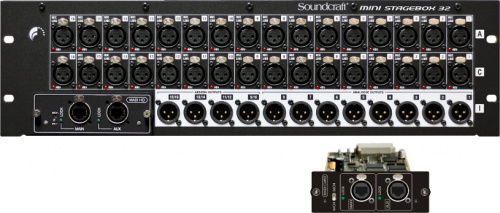 Soundcraft MSB-32C5 коммутационный рэк (3U). 32 мик/лин входа, 8 лин. выходов, 4 пары AES выходов. БП встроенный. Два Cat5 (Main и Aux) MADI интерфейс