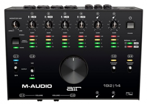 M-Audio AIR 192 I 14 USB аудио интерфейс, 24бит/192кГц, 4xXLR/TRS комбинированных входа с фантомным питанием +48В, 2х1/4 TRS инструментальных входа, 2