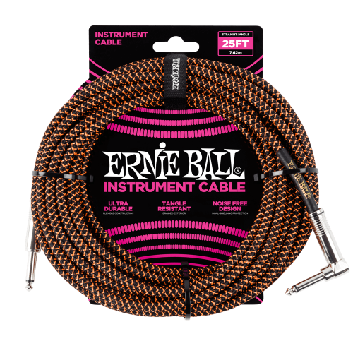 Ernie Ball 6064 кабель инструментальный, прямой / угловой джеки, 7,62 м, цвет чёрный с оранжевым