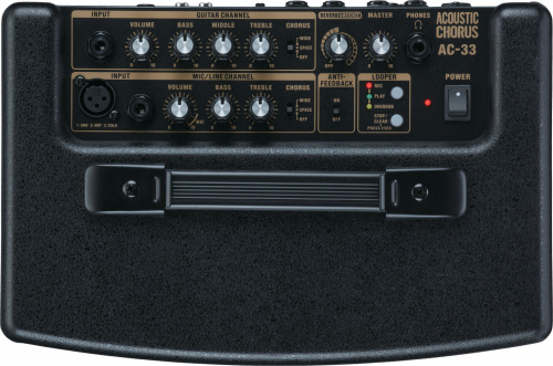 Roland AC-33 гитарный комбо. Комбо-усилитель для акустической гитары Acoustic Chorus. Имеет 2 входных канала: гитарный и линейный/микрофонный, а также фото 5