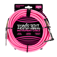 Ernie Ball 6078 кабель инструментальный, оплетёный, 3,05 м, прямой/угловой джеки, розовый неон