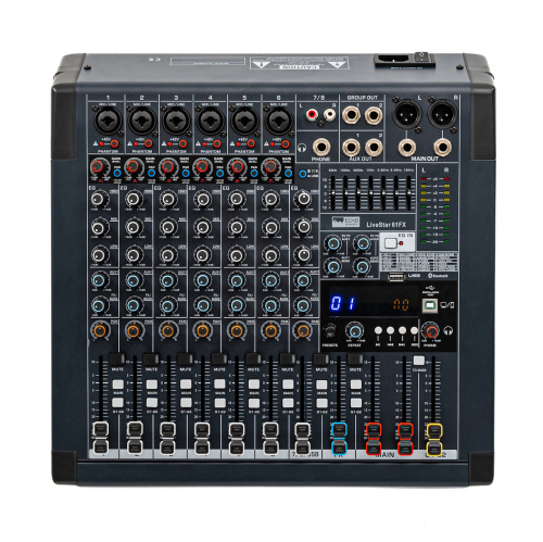 Echo Acoustic LiveStar 61FX Микшерный пульт, 6хМик, +48V, 1xСтерео, 2 AUX-шина, Подгруппа, процессор эффектов, USB-аудиоинтерфейс, 7 GEQ