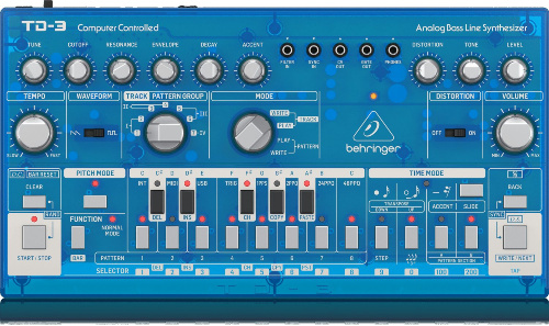Behringer TD-3-BB басовый синтезатор, встроенный дисторшн, VCO, VCF, VCA, 16-шаговый секвенсор, 16 голосов. Синий фото 2