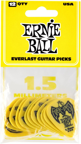 Ernie Ball 9195 делриновый нескользящий медиатор Everlast, 1,5 мм, жёлтый, упаковка 12 шт. фото 2