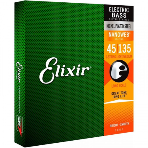 Elixir 14207 NanoWeb струны для 5-струнной бас-гитары Medium 45-135 фото 3