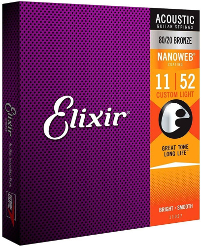 Elixir 11027 NanoWeb струны для акустической гитары Custom Light 11-52 бронза 80/20