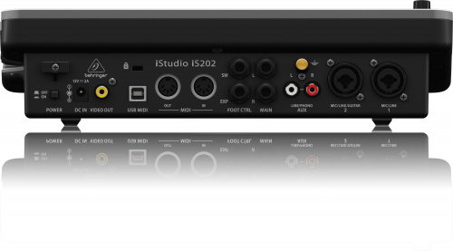 Behringer iSTUDIO IS202 установочная станция для iPad с подключением звука, MIDI-интерфейсом и видеовыходом. 2 микрофонных/линейных/инструментальных в фото 6