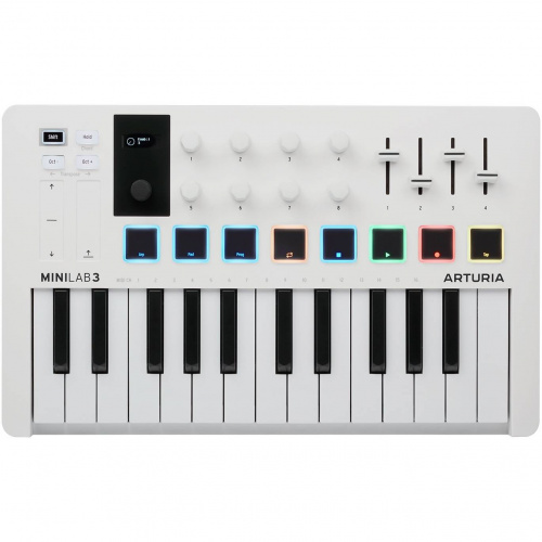 Arturia MiniLAB 3 25 клавишная MIDI-клавиатура - пэд-контроллер, 9 регуляторов, 8 RGB пэдов, 8 фейдеров, дисплей, сенсорные регуляторы Pitch/Modulatio
