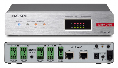 Tascam MM-4D/IN-E Dante-Analogue конвертор с DSP Mixer, 4 MIC(+48V)/LIN входа с разъёмами EUROBLOCK, питание PoE (Power over Ethernet) или опционально