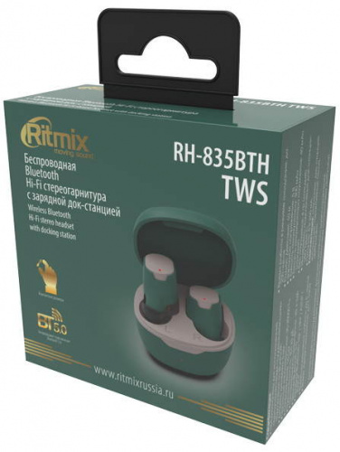 RITMIX RH-835BTH TWS Dark Green Bluetooth 5.0, сенсорное управление, 30-20000 Гц, 16 Ом, 40 мАч (наушники), 300 мАч (кейс), до 5 ч на одном заряде, US фото 2
