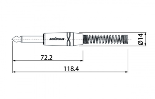 ROXTONE RJ2PP-NG Разъем jack 1/4" моно с пружиной. Размер 118,4*14 Макс. диаметр кабеля: с пружиной 7мм, без пружины 8,5мм., Цвет: серебро фото 2