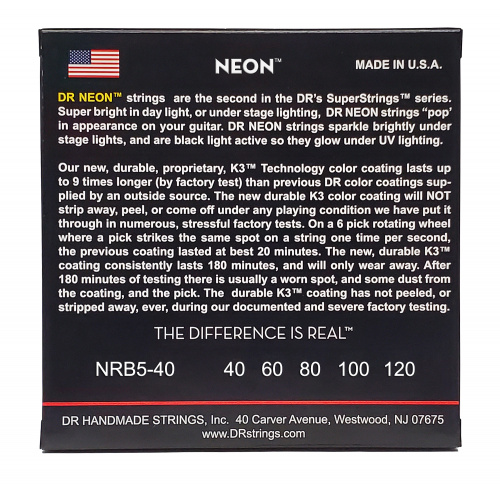 DR NRB5-40 HI-DEF NEON струны для 5-струнной бас гитары с люминесцентным покрытием красные 40 фото 3