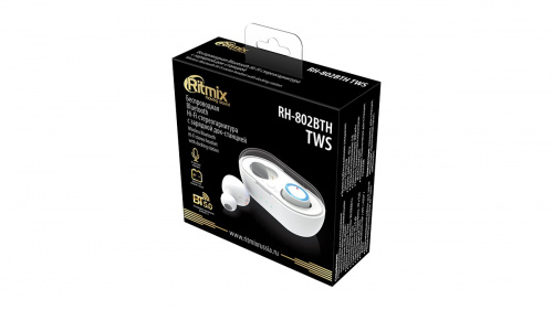 RITMIX RH-802BTH TWS White Bluetooth 5.0, 10 мм, 20-20000 Гц, 32 Ом, 40 мАч (наушники), кейс 300 мАч, до 4 ч на одном заряде, microUSB 5 В, пластик фото 2