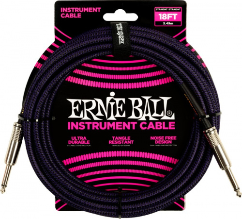 ERNIE BALL 6395 кабель инструментальный, оплетёный, 5,49 м, прямой/угловой джеки, фиолетовый/черн фото 2