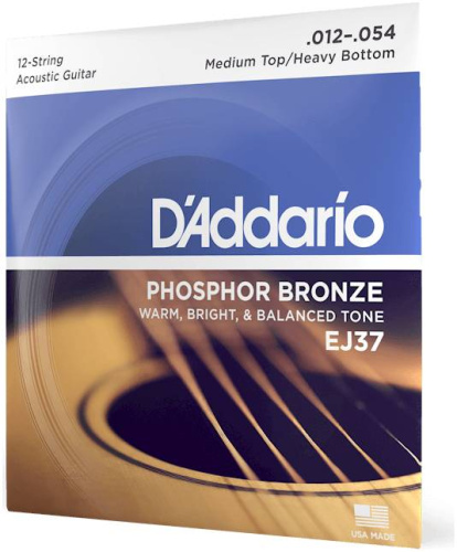 D'Addario EJ37 Струны для двенадцатиструнной гитары, фосфор/бронза Med Top/Heavy Bottom