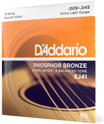 D'Addario EJ41 струны для 12-струнной гитары, фосфор/бронза, Extra Light 9-45