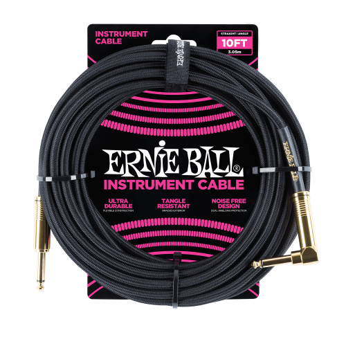 Ernie Ball 6081 кабель инструментальный, оплетёный, 3,05 м, прямой/угловой джеки, чёрный