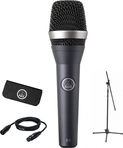 AKG D5 Stage Pack комплект: динамический вокальный микрофон D5, кабель XLR-XLR 5м, микрофонная стойка 'журавль'
