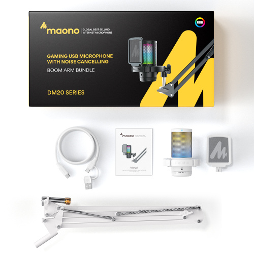 Maono DGM20S (white), конденсаторный USB микрофон, пантограф, 24bit 48kHz, RGB подсветка,поп-фильтр фото 12