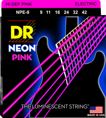 DR NPE-9 HI-DEF NEON струны для электрогитары с люминесцентным покрытием розовые 9 42