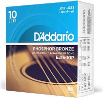 D'ADDARIO EJ16-10P 10 компл. струн для ак. гитары фосф/бронза Light, 12-53