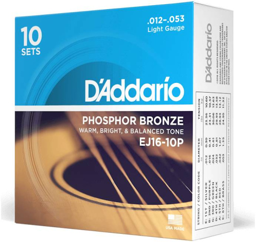 D'ADDARIO EJ16-10P 10 компл. струн для ак. гитары фосф/бронза Light, 12-53