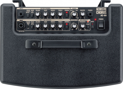 ROLAND AC-60 комбо гитарный. 2*30-ваттный акустический стерео усилитель с 2 динамиками. 2 канала: гитарный (Guitar) и микрофонный/линейный (Mic/Line)  фото 3