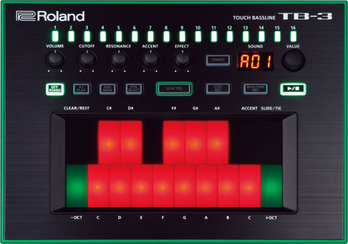 ROLAND AIRA TB-3 Басовый синтезатор с тач скрином, 134 пресета, 64 пользовательских паттерна, максимальная длина 32 шага на паттерн, 8 пресетов, питан