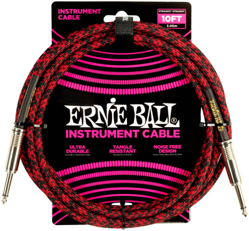 ERNIE BALL 6394 кабель инструментальный, оплетёный, 3,05 м, прямой/угловой джеки, красный/черны
