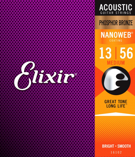 Elixir 16102 NanoWeb струны для акустич. гитары Medium 13-56, фосфор/бронза