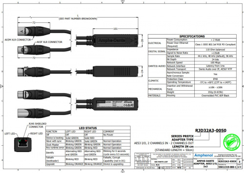 Amphenol RJD32A3-0050 адаптер-переходник из цифрового звукового сигнала AES3 (вход/выход) в Dante, 1xRJ45 на 2xXLR (папа-мама) фото 2