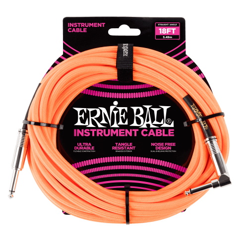Ernie Ball 6084 кабель инструментальный, оплетёный, 5,49 м, прямой/угловой джеки, оранжевый неон