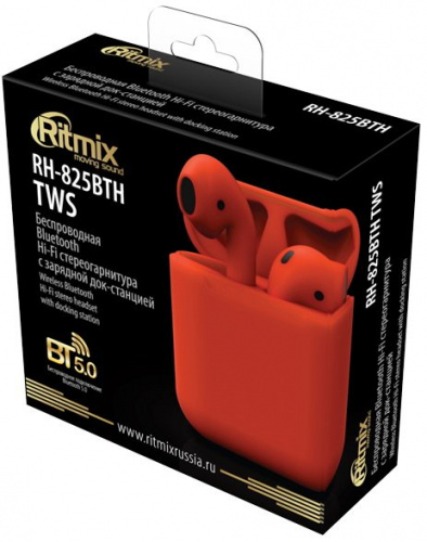 RITMIX RH-825BTH TWS red Bluetooth 5.0 + EDR, сенсорное управление, 12 мм, 20-20000 Гц, 32 Ом, 35 мАч (наушники), 350 мАч (кейс), до 4 ч на одном заря фото 5