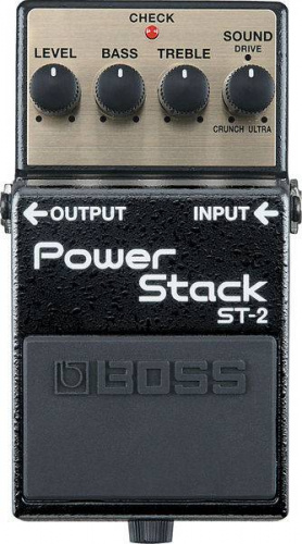BOSS ST-2 гитарная педаль Power Stack. Регуляторы: Level, EQ и Sound. Индикатор Check. Разъемы: вход/выход (гнезда Jack), гнездо для адаптера 9V. Мета