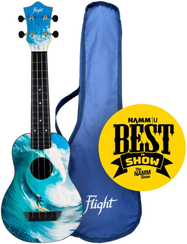 FLIGHT TUS 25 SURF укулеле Travel, сопрано, черная с рисунком Серфер, пластик