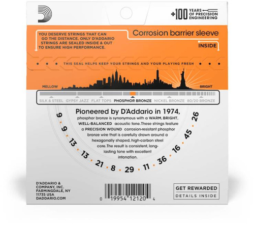 D'Addario EJ41 струны для 12-струнной гитары, фосфор/бронза, Extra Light 9-45 фото 2