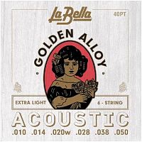 La Bella 40PT Струны для акустической гитары Extra light, стальные, 3,4,5,6 обмотка "золотая" бр