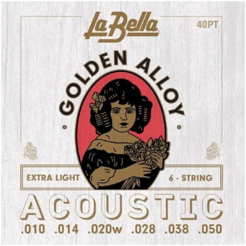 La Bella 40PT Струны для акустической гитары Extra light, стальные, 3,4,5,6 обмотка "золотая" бр
