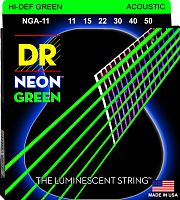 DR NGA-11 HI-DEF NEON струны для акустической гитары с люминесцентным покрытием зелёные 11 50