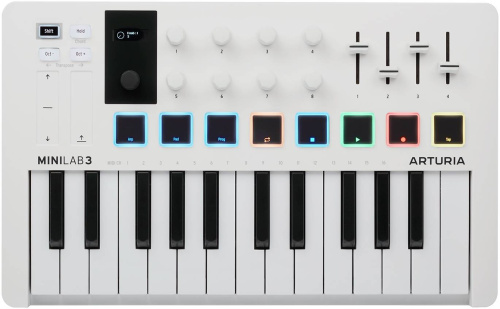 Arturia MiniLAB 3 25 клавишная MIDI-клавиатура - пэд-контроллер, 9 регуляторов, 8 RGB пэдов, 8 фейдеров, дисплей, сенсорные регуляторы Pitch/Modulatio