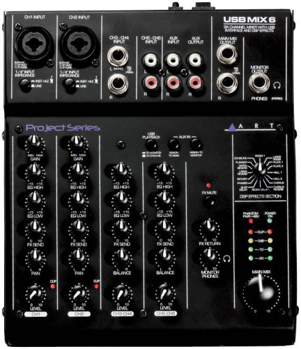 ART USB Mix 6 6-ти канальный микшер Входы: 2x XLR/TRS Jack, 2xTRS Jack, 2хRCA, 2хRCA Aux Loop In.