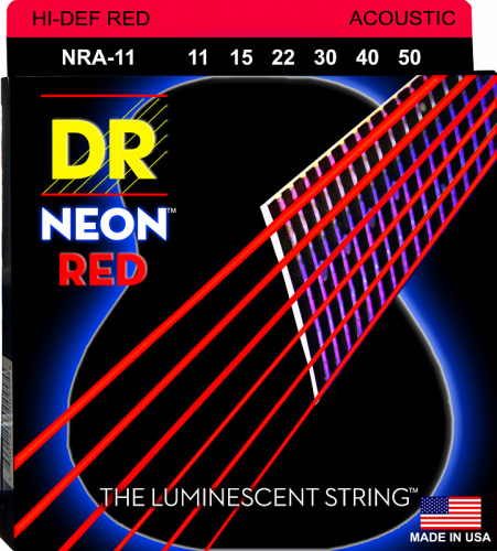 DR NRA-11 HI-DEF NEON струны для акустической гитары с люминисцентным покрытием красные 11 50